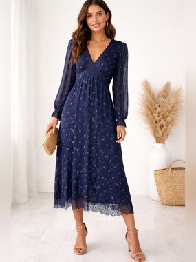 Sam Edelman Navy Blue Camila Lace Midi  Dress  Small